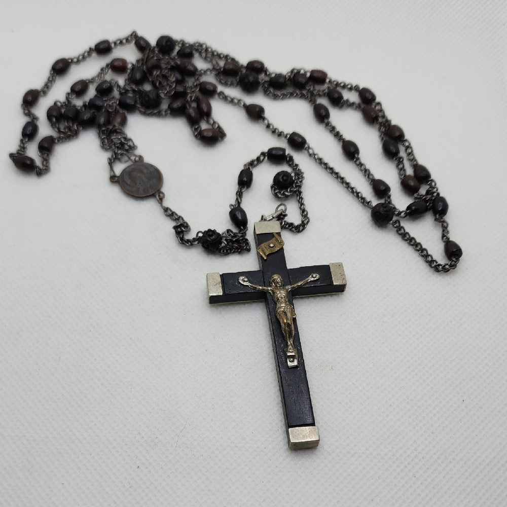 Vtg Ebony Nickel Silver Metal Crucifix Cross France